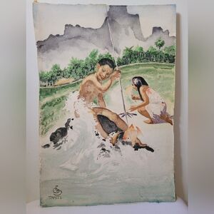 Vintage Watercolor from Tahiti - Tahitian Tiki Polynesian